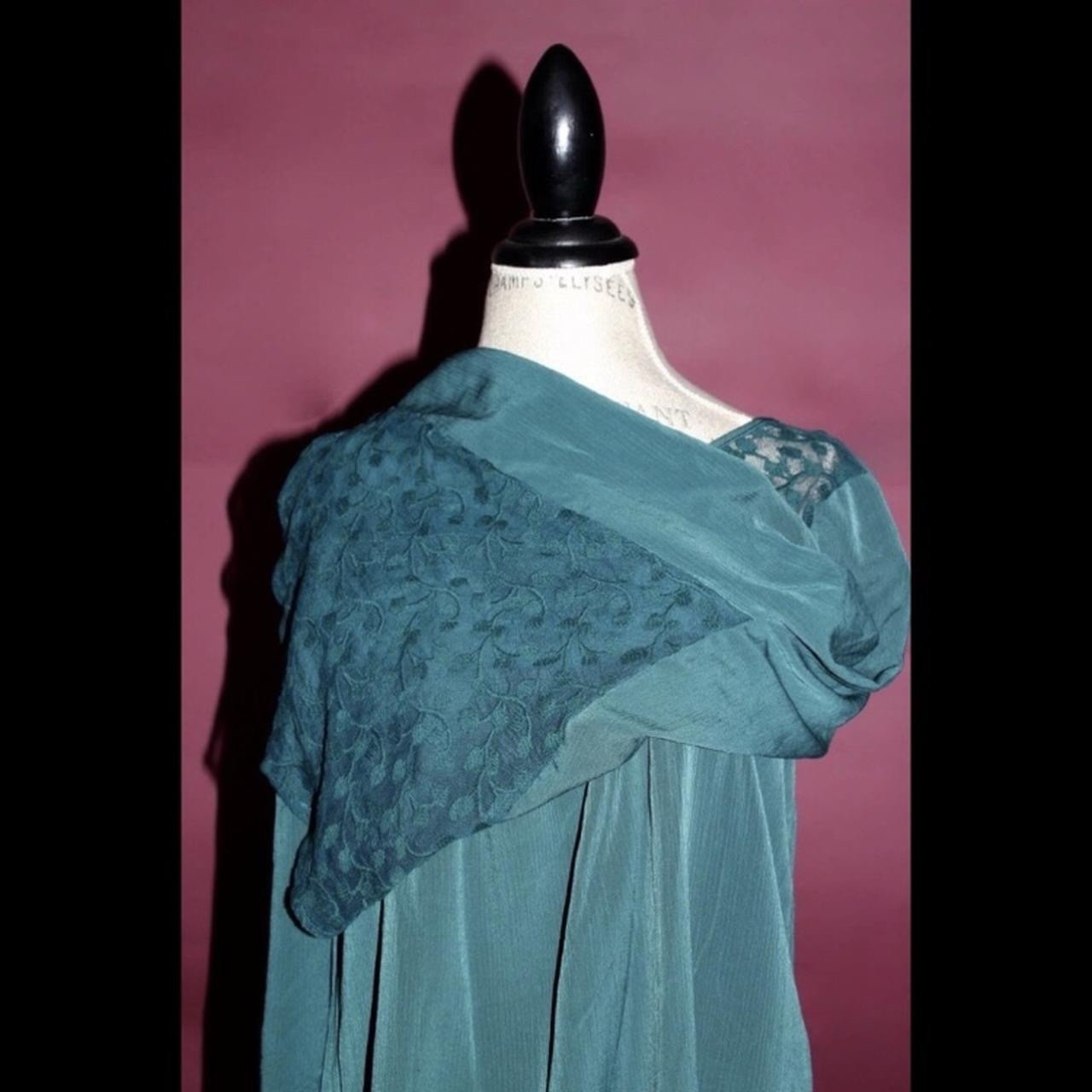 Altar’d State Teal Chiffon Shift Dress Bell Sleeve Lace Cut Out Tie Back S