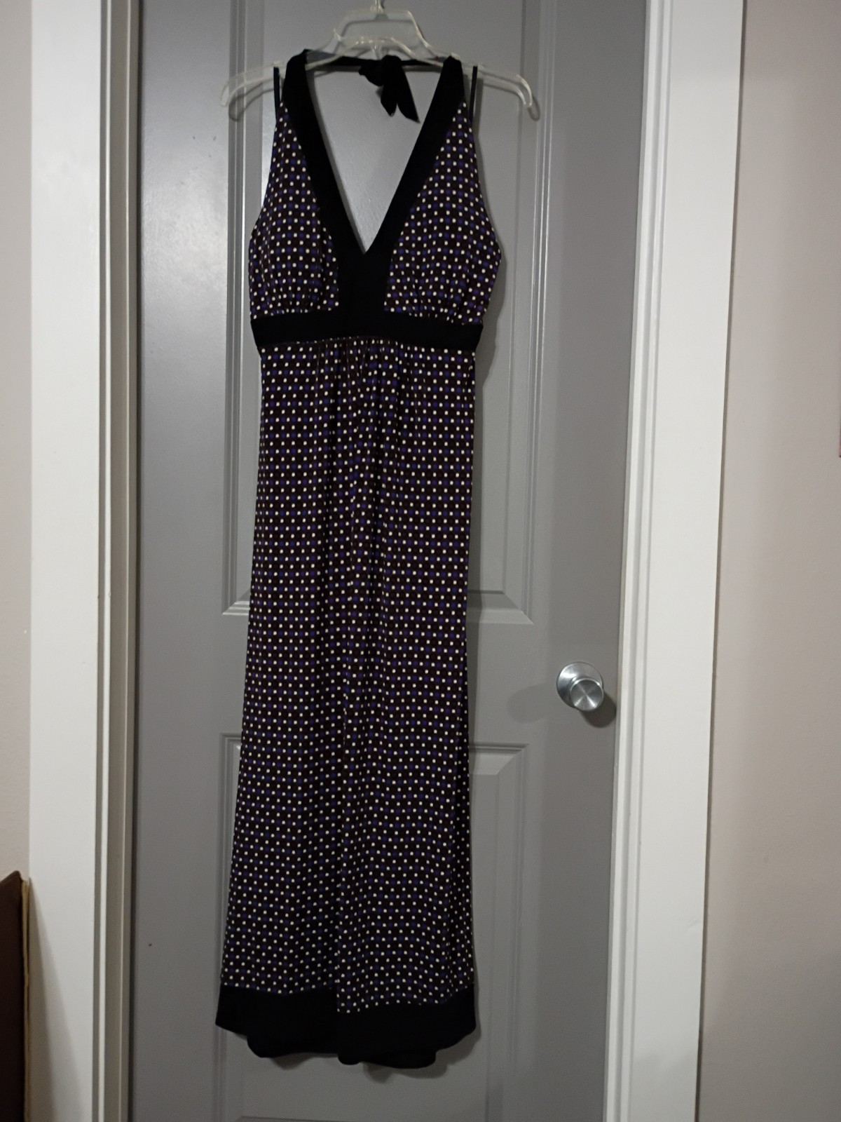 Karen Stevens Maxi Dress Alter Back Purple Black Brown White Polka Dots 10
