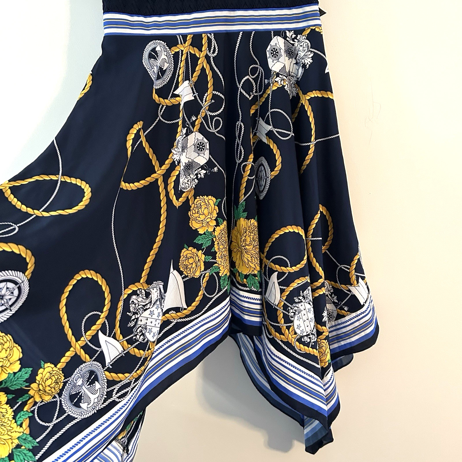 NWT NY&C Lace Dress SzL Navy Handkerchief Hem Silky Nautical Yacht Wedding Guest