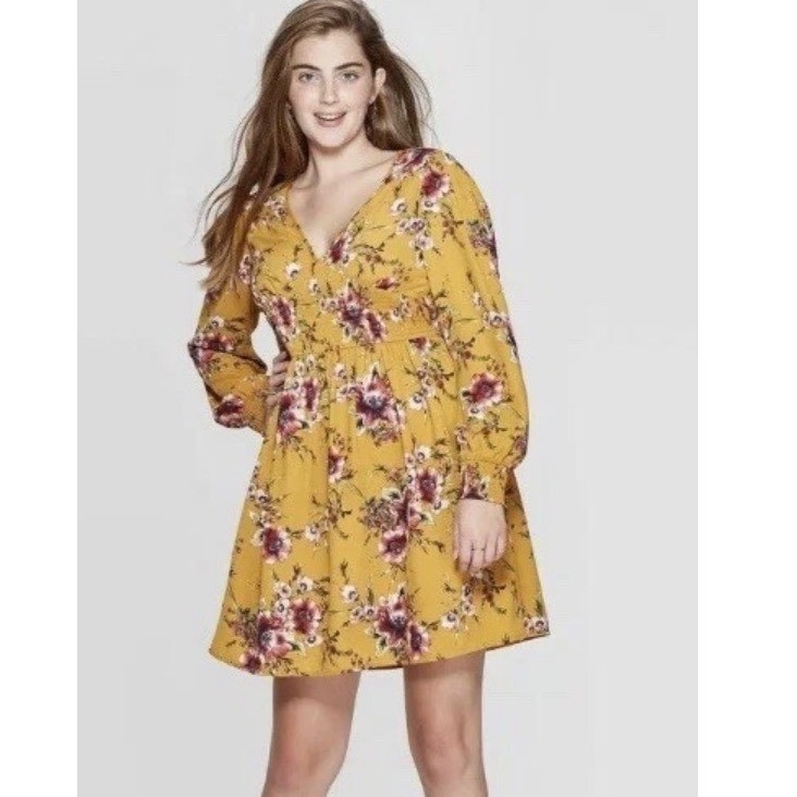 Xhilaration Floral Mini Dress Women XXL Mustard Yellow Boho Smocked Waist Pocket