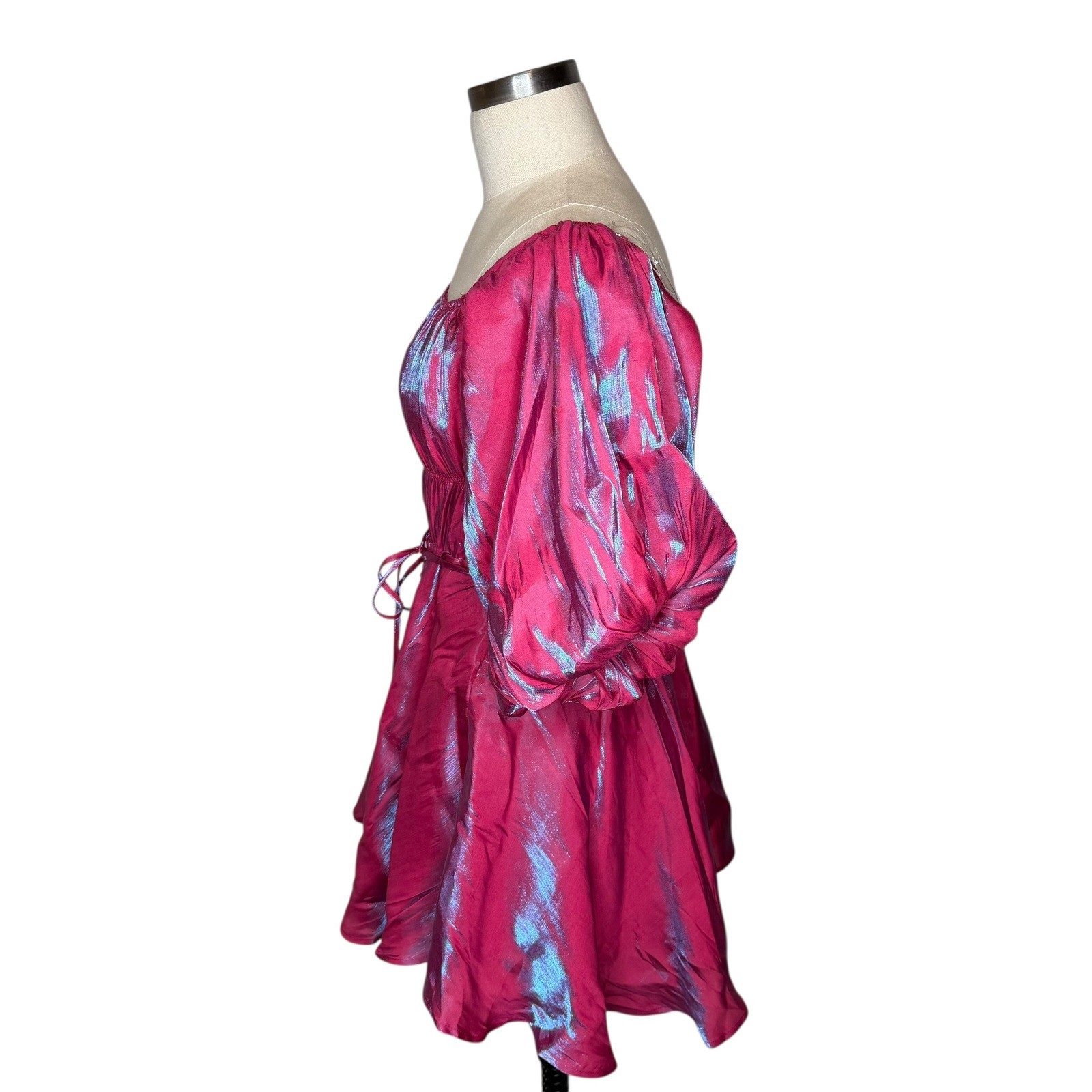 ALTAR’D State Amabella Puff Sleeve Iridescent Pink Blue Shimmer Mini Dress Med