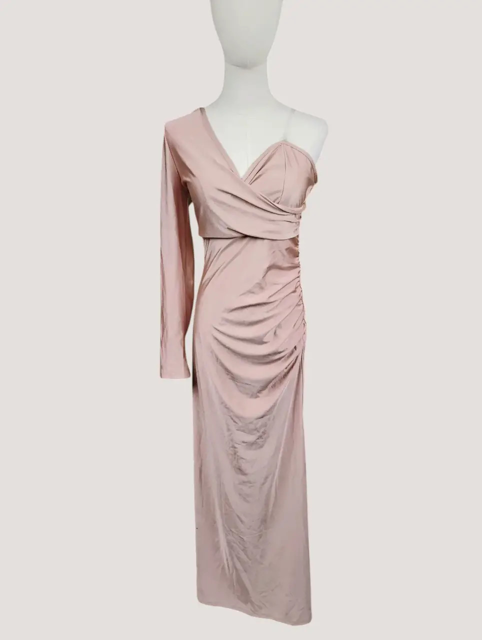 Women’s One Shoulder Ruched Midi Dress Long Sleeve Pale Pink