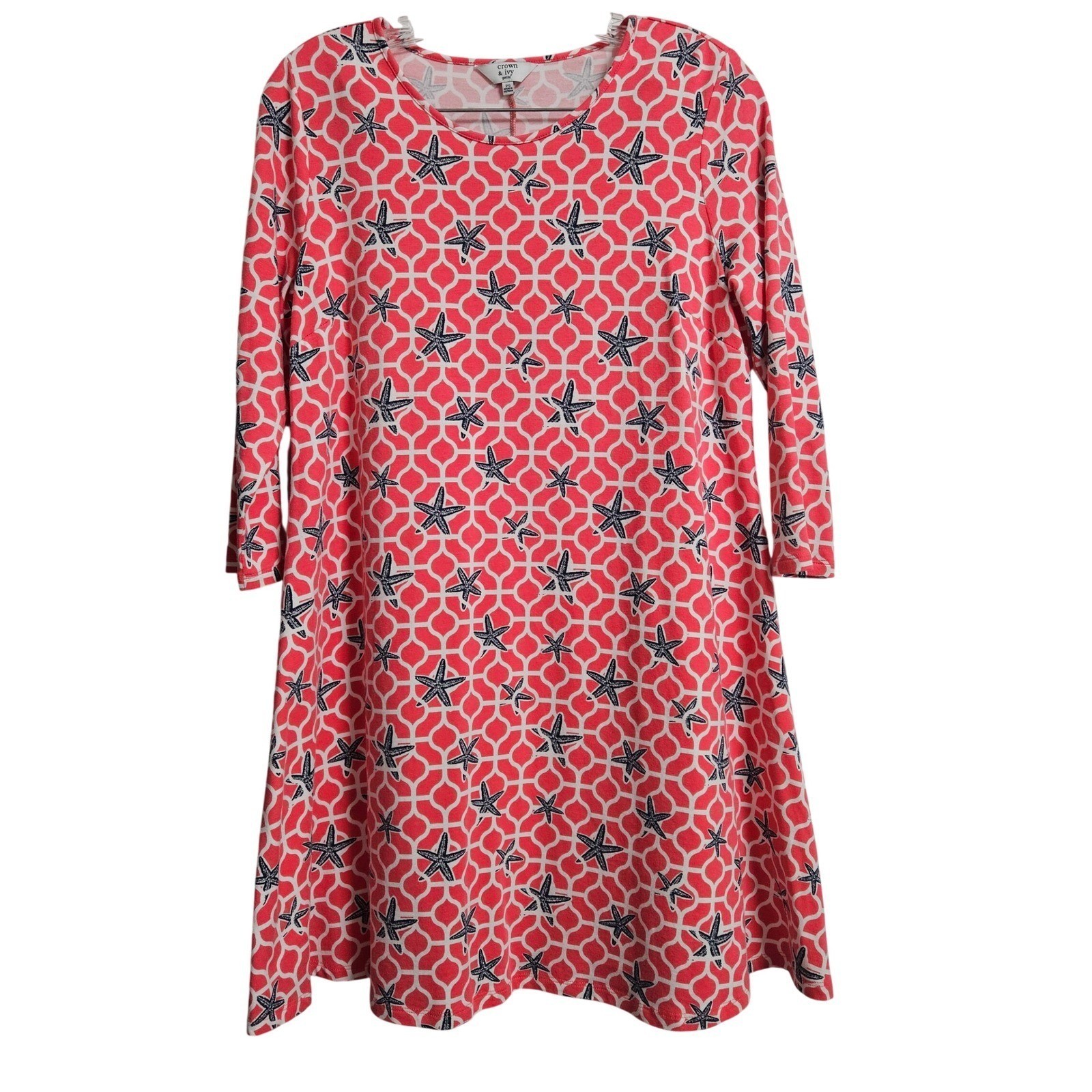Crown & Ivy Coastal Knit Shift Dress Women PS Coral Starfish Resortwear Beach