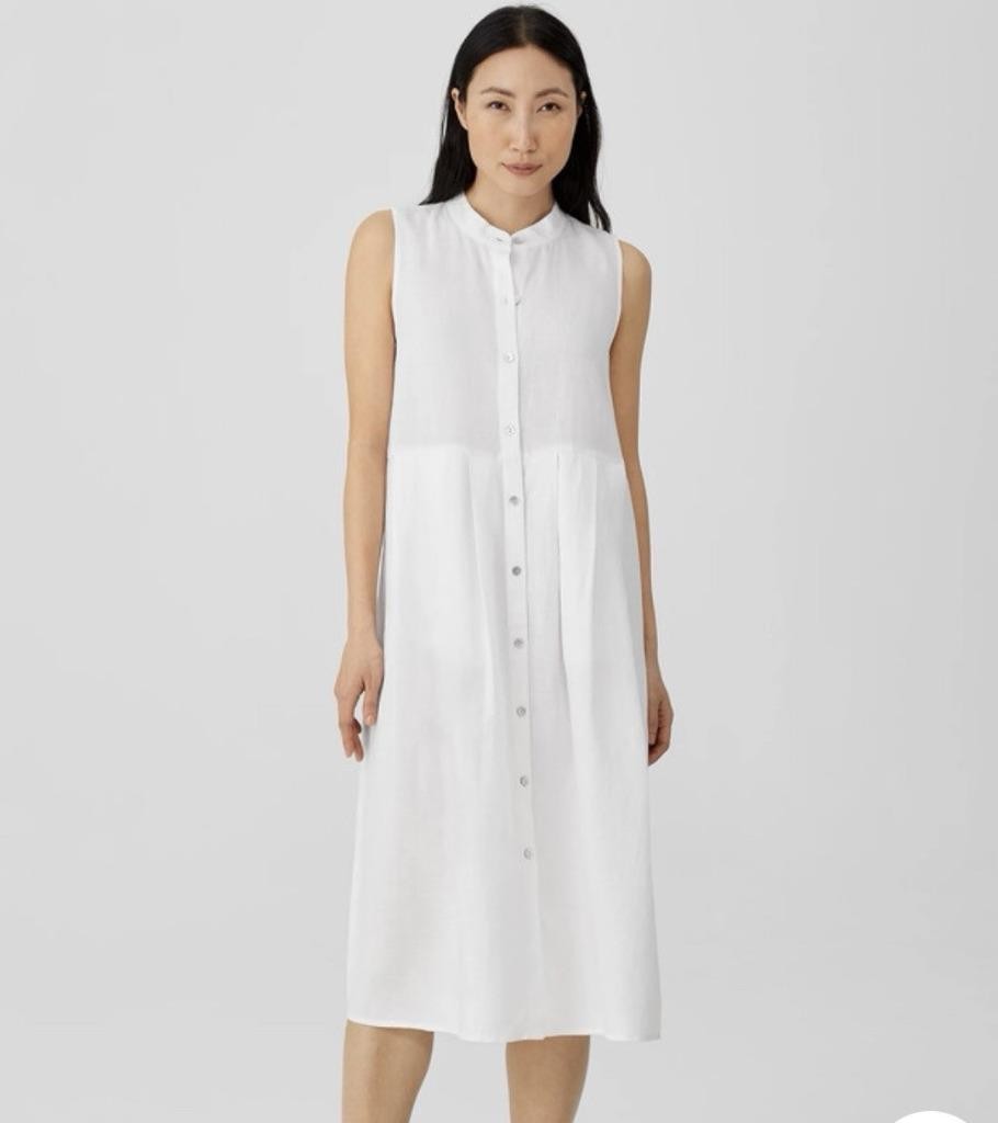 Eileen Fisher Mandarin Collar White Organic Linen Delave Dress m/ petite