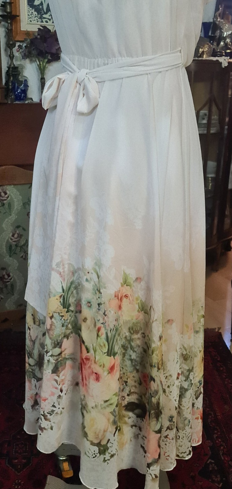 Michal Negrin Great Wrap White Dress Floral Pattern With Slip- Size “M”