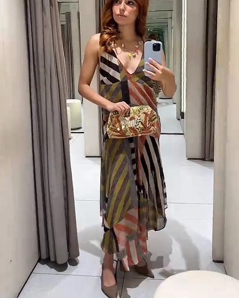ZARA 2026 ASYMMETRIC MIDI PATCHWORK MULTICOLORED PRINT DRESS sz XS