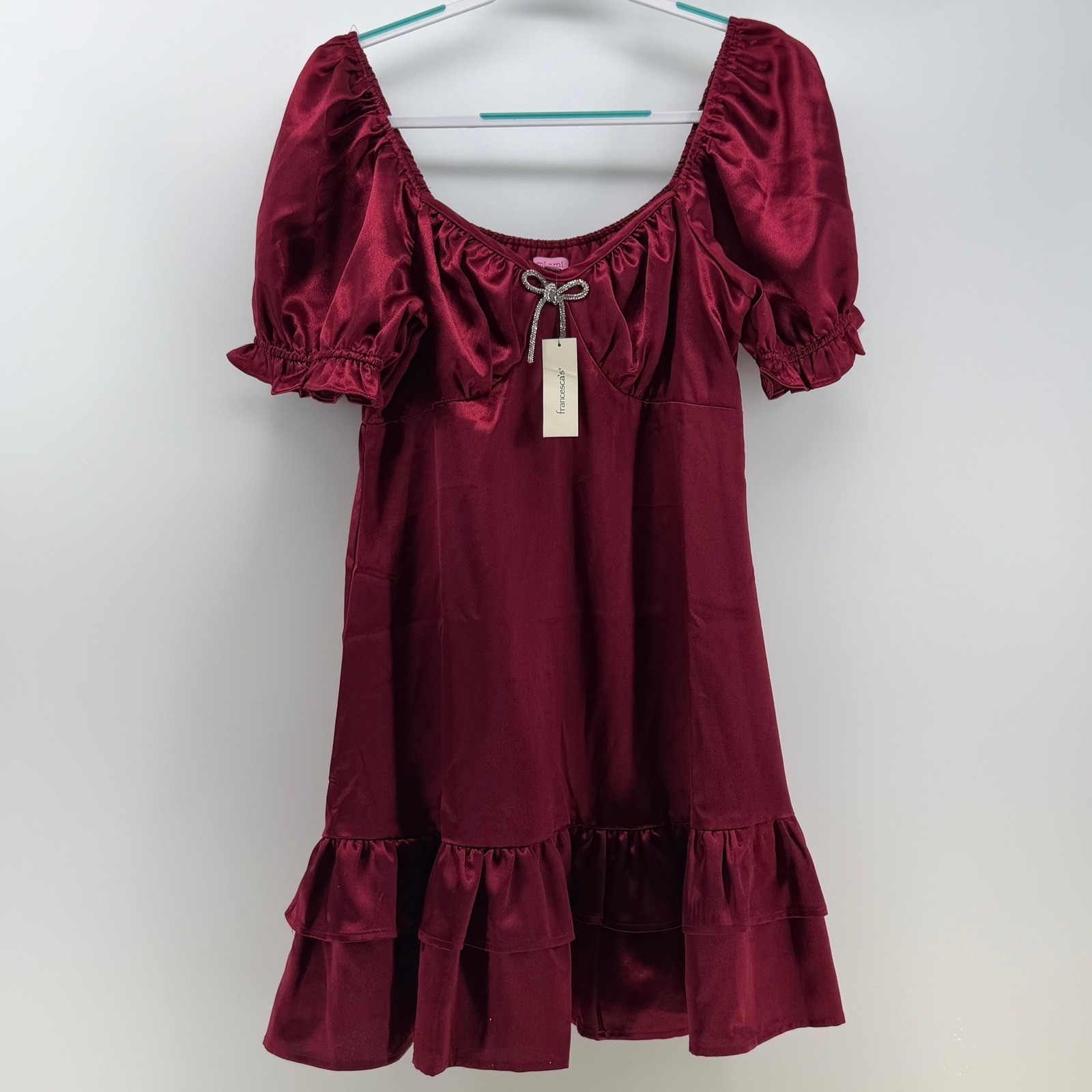 Francesca Dress Women Medium Burgundy Satin Rhinestone Bow Coquette Babydoll NEW