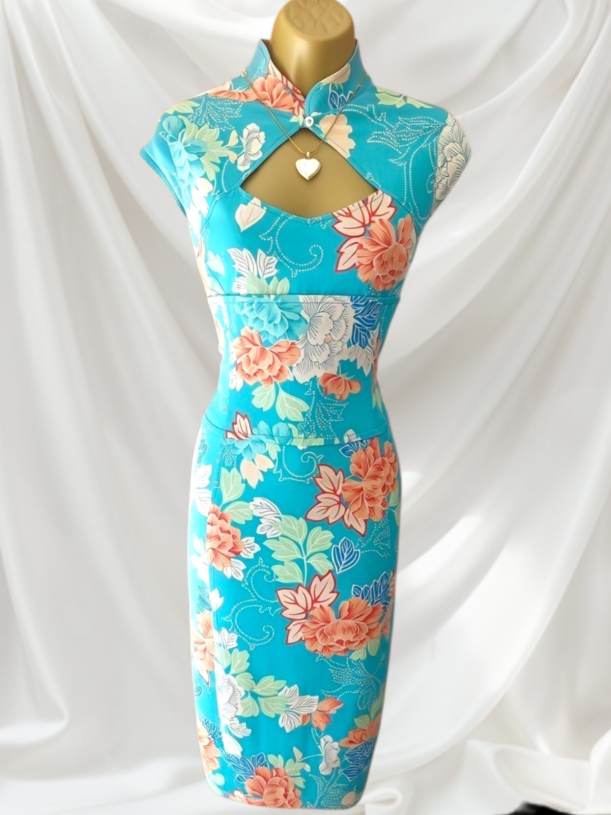 Karen Millen Vintage 00s Turquoise Oriental Chinese Floral Occasion Dress 12