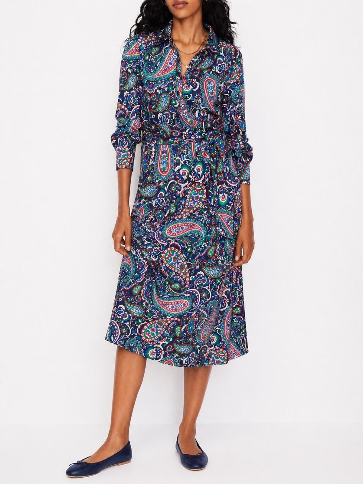 Boden Laura Paisley Shirt Dress Size UK 10R US 6R Navy Midi Belted Cotton Modal