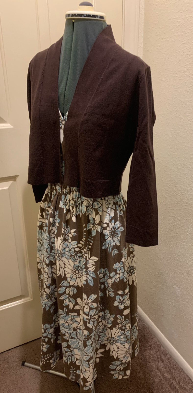 Eddie Bauer Cotton Knit Shirred Waist Midi Dress Blue/Brown/White Floral — XS