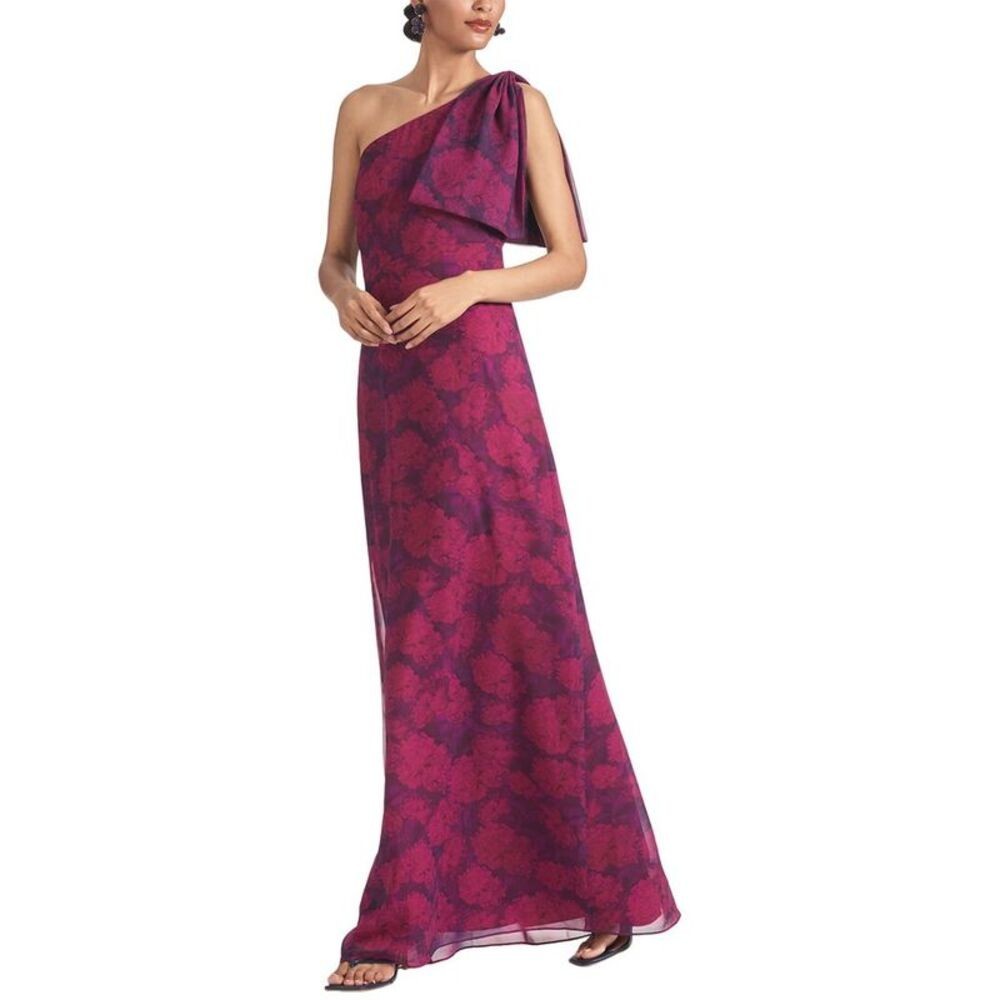Sachin & Babi Magenta Bloom Chelsea Bow One-Shoulder Gown Dress Size 4 $325