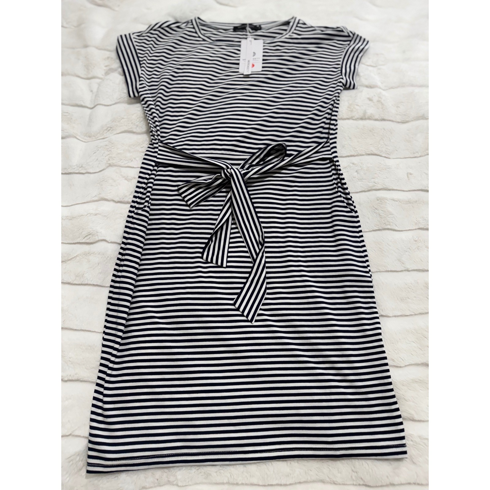NWT MEROKEETY Navy White Stripe Tie Waist Knee Length Dress Short Sleeve Sz M