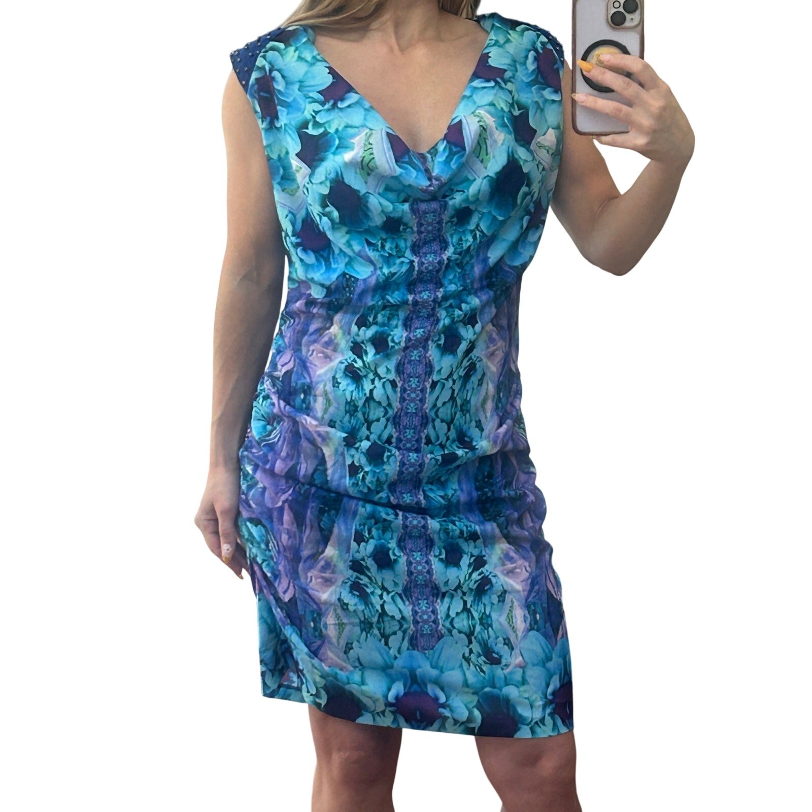 Custo Lowxury Blue Floral Digital Print Cowl Neck Ruched Party Dress Small 2/4