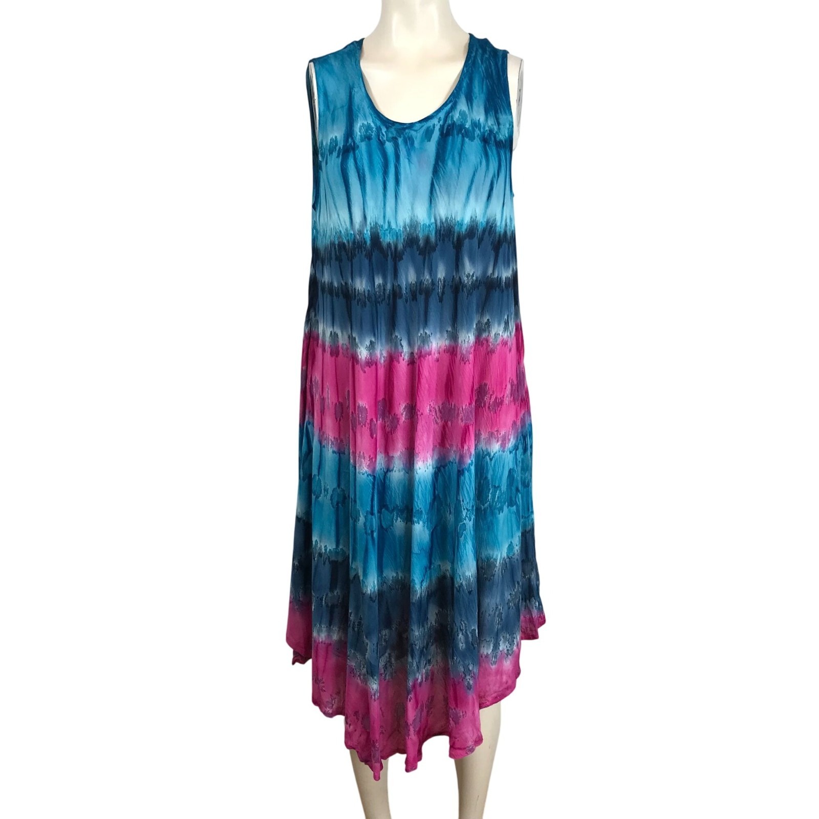 SAKKAS – WOMEN’S ONE SIZE – NAVY & PINK SLEEVELESS ROUND NECK 100% RAYON DRESS