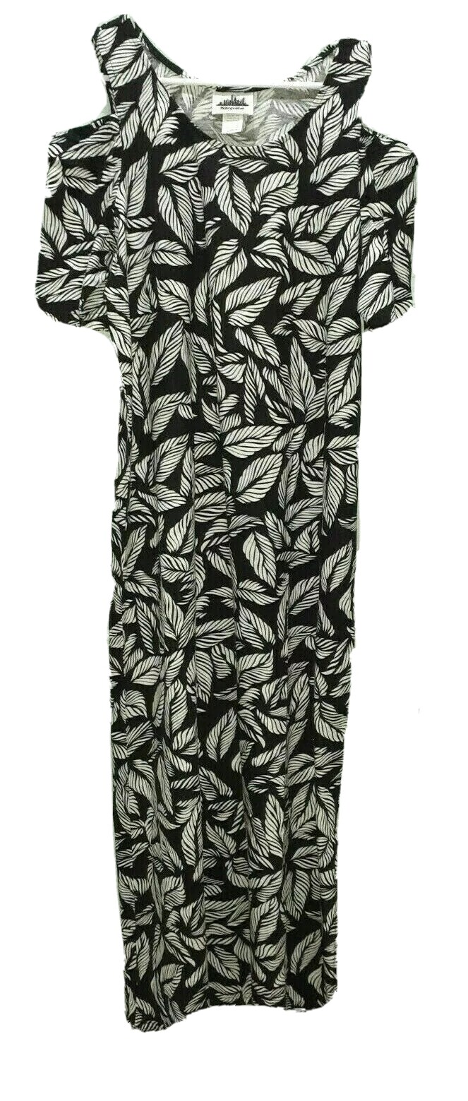 Metropolitan Cold Shoulder Maxi Long Dress L LG 12 14 Black White Leaves NEW NIP