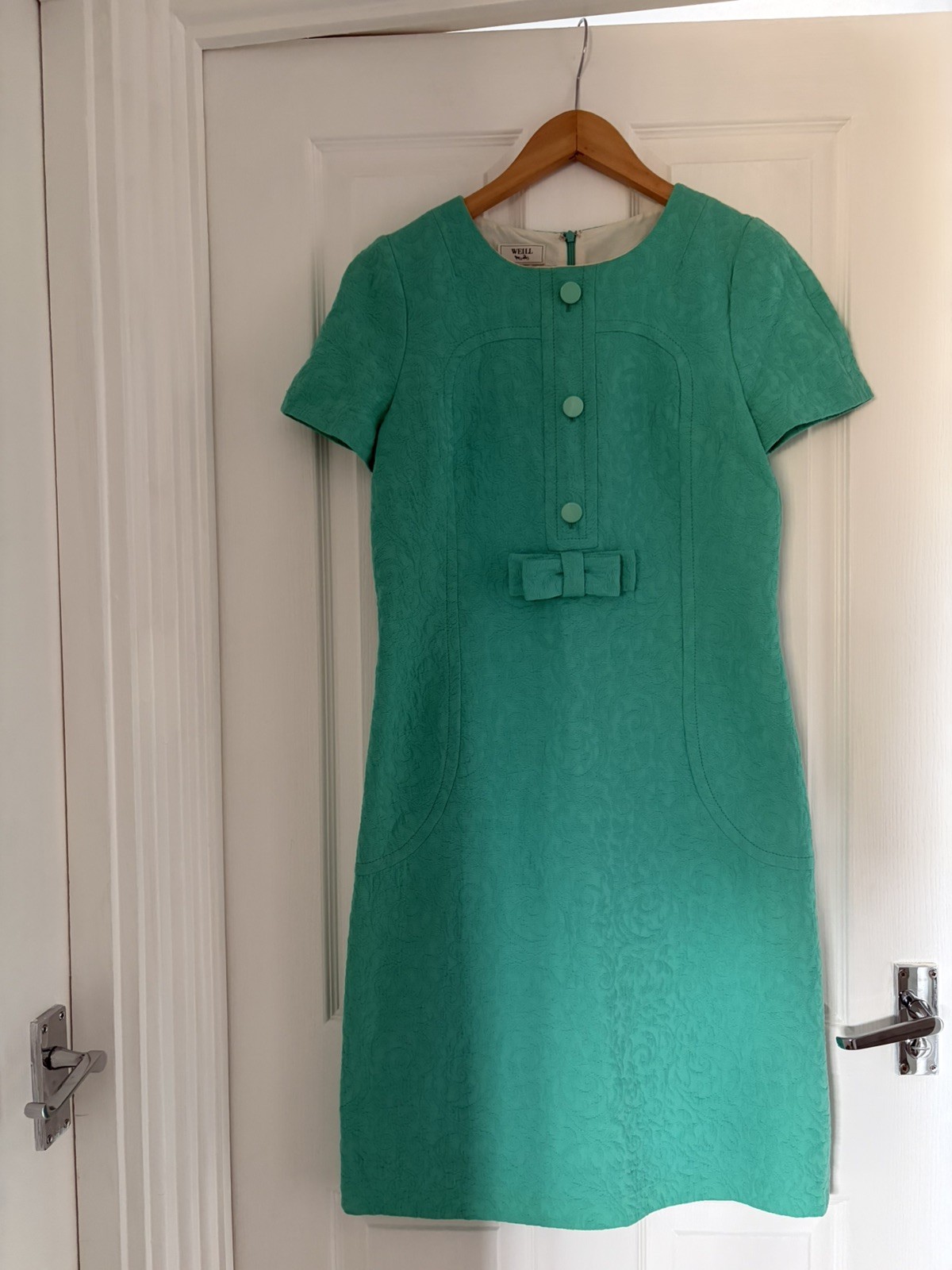 Weill Woman’s Bow Button Accent Green Short Sleeve Jacquard Sheath Dress UK 12