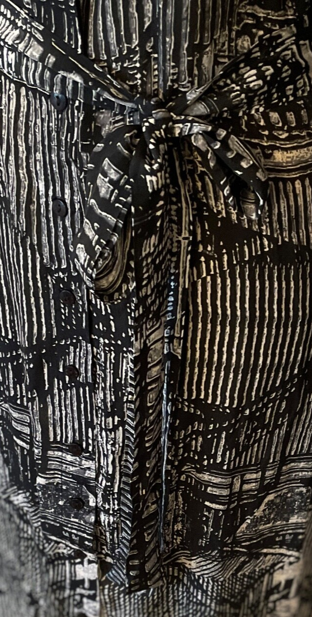 TOLANI Alice Abstract Print Button-Up Collar Pocket Belt Shirt Dress M Coal