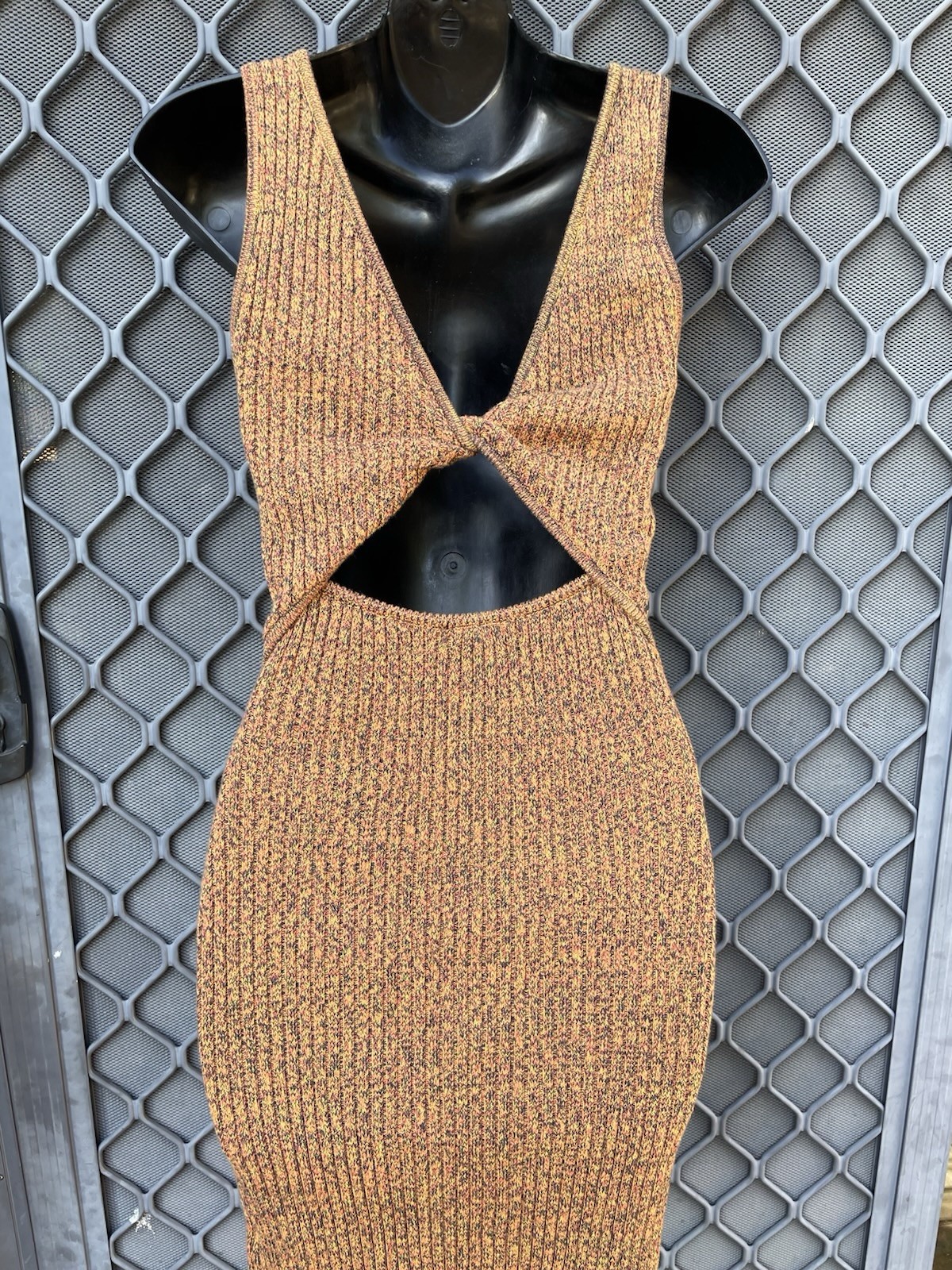 Ghanda Bodycon Knit Midi Dress Size Small with cut out back Boho Hippie