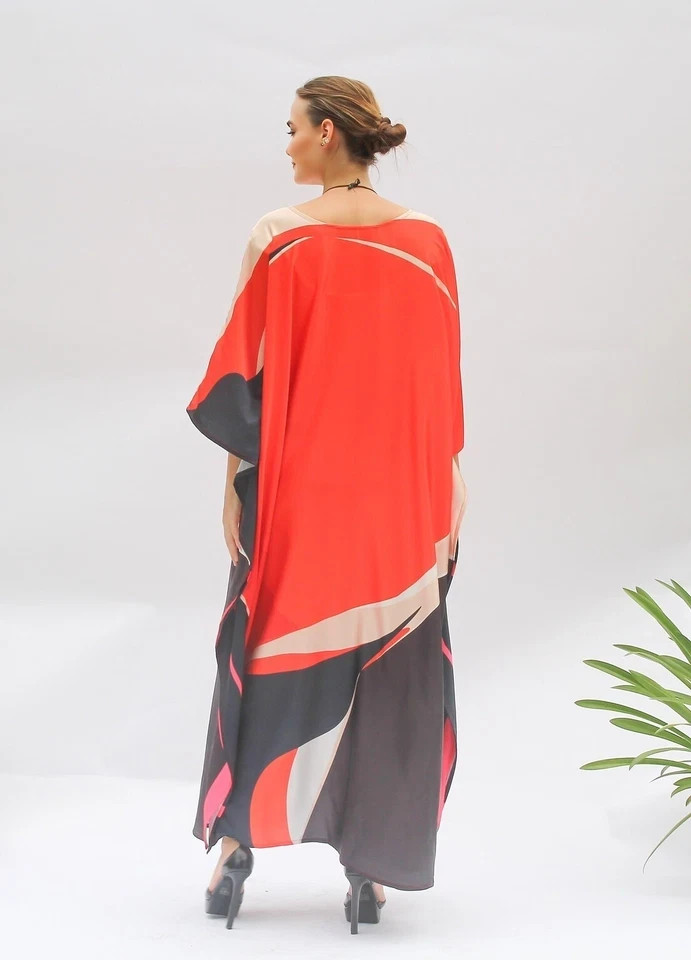 Most Beautiful Black & Red Caftan, Long Kaftan, Soft Satin Silk Kaftan J5823