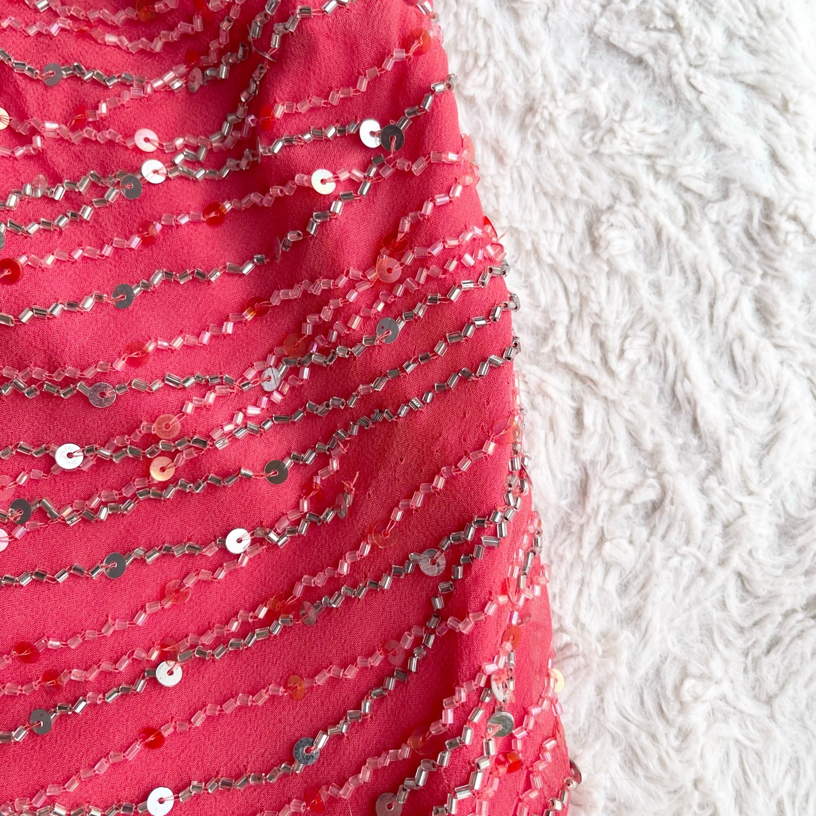 Scala coral pink 100% silk ruffle hem slip dress gown prom beaded sequin formal