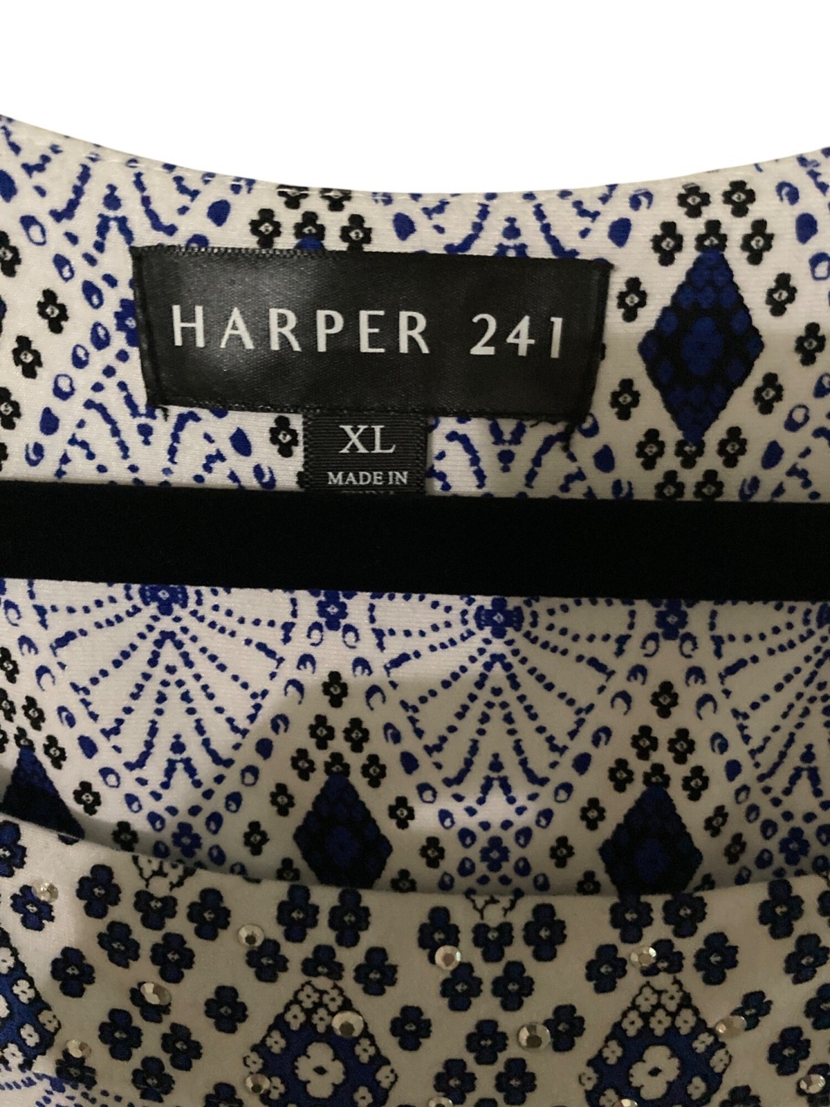 Harper 241 Summer Blue White Print Shift Sleeveless Dress Rhinestone XL