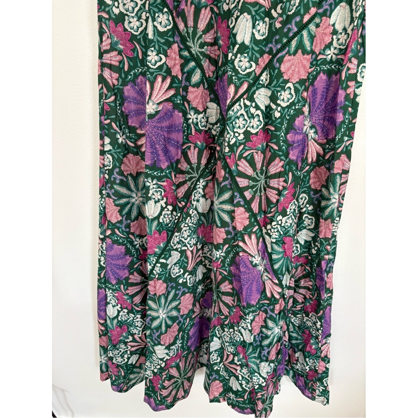 Olivaceous || Floral Maxi Dress Cotton Ladder Stitch Tie Green Purple M NWT