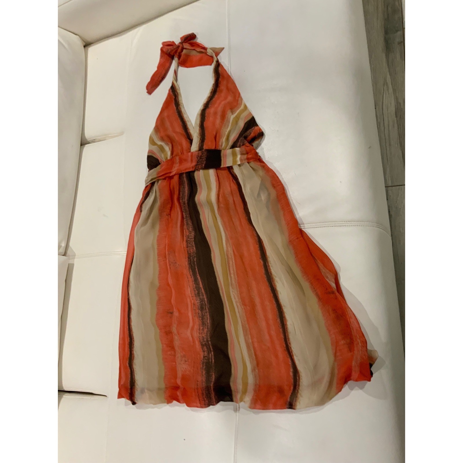 Orange Abstract Stripe Silk Halter Mini Dress V-Neck Empire Waist Bubble Hem