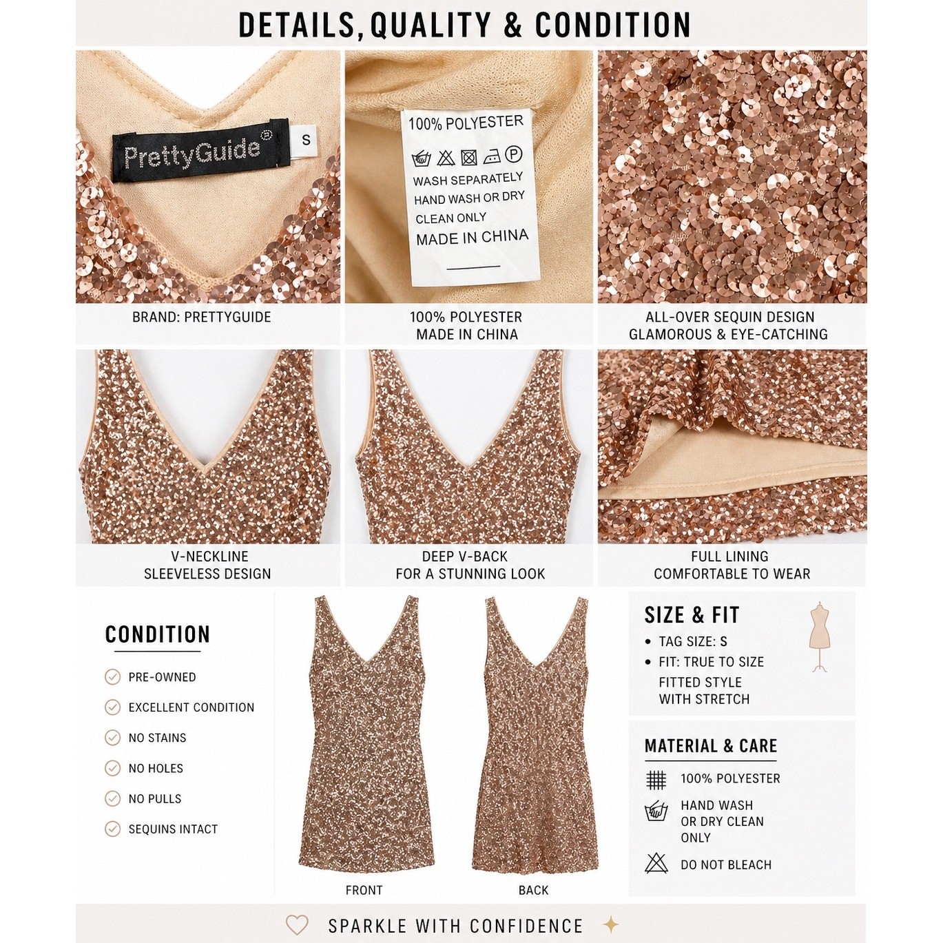 PrettyGuide Rose Gold Sequin Mini Dress Small Y2K Glam Birthday Cocktail V Neck