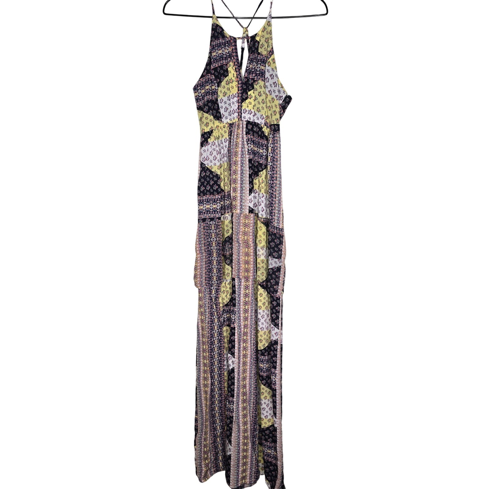 BCBGeneration Womens Patchwork Maxi Dress 0 Multicolor Boho Halter Summer Flowy