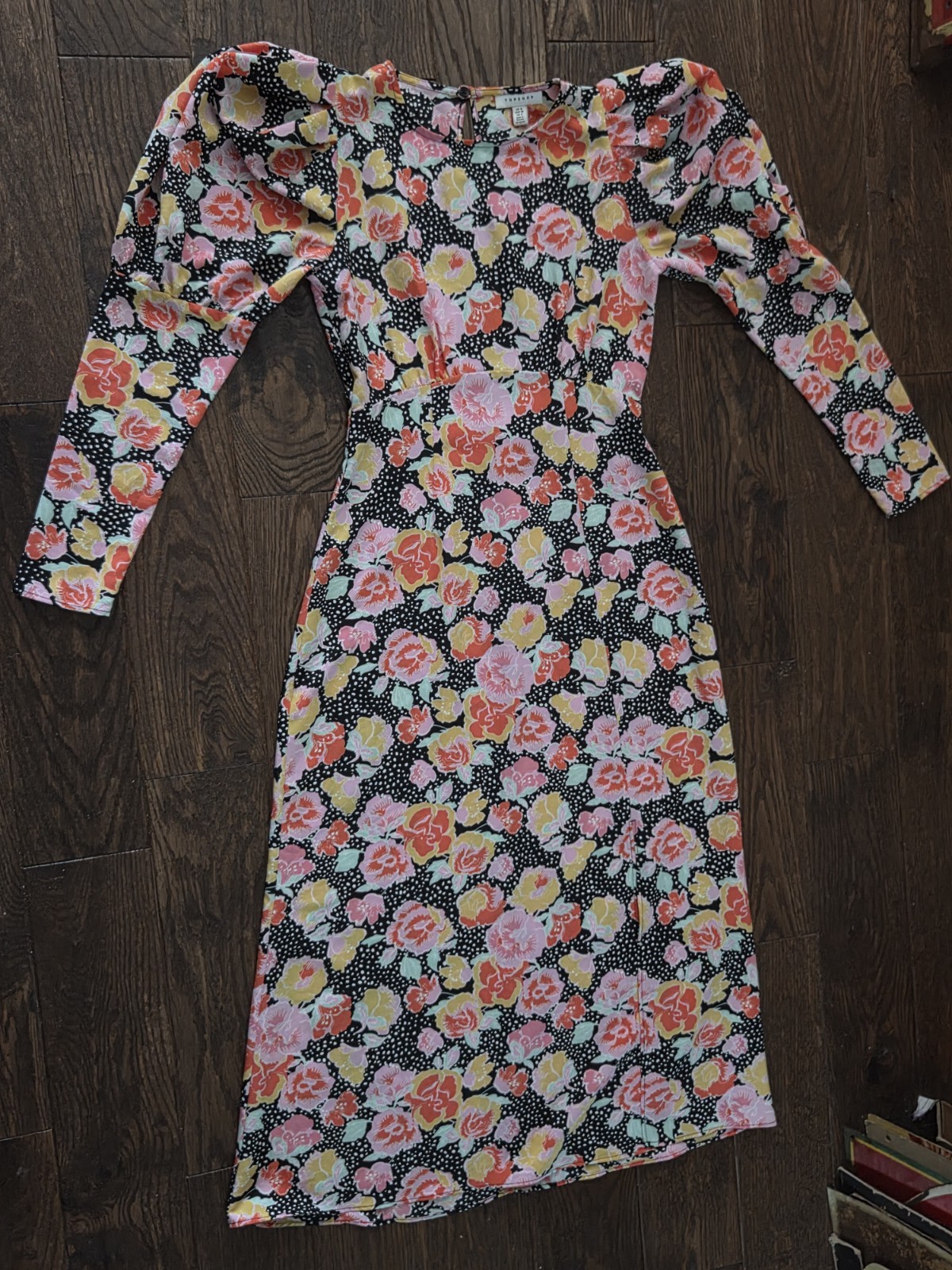 Topshop Floral Midi Dress US 4 UK 8 Long Sleeve Drape Neck Polka Dot Side Slit