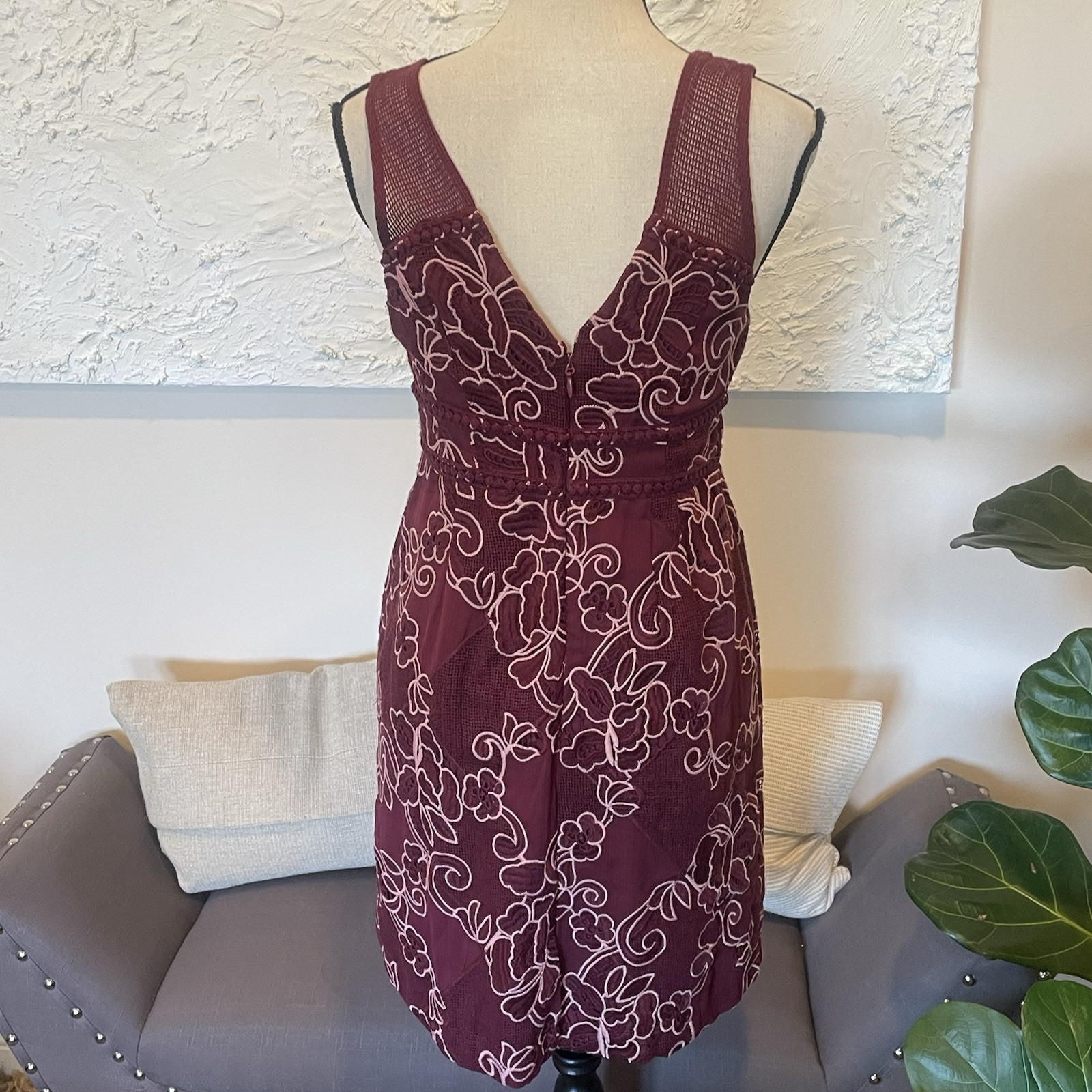 Moulinette Soeurs Ariana Lace Embroidered Sheath Dress Burgundy Pink Sz 6P NWT