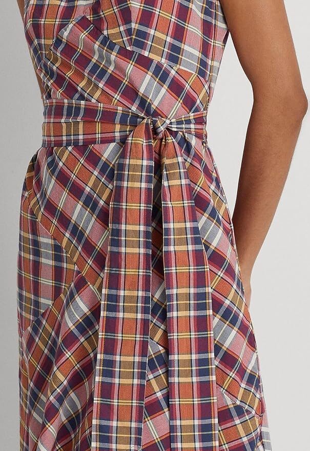Lauren Ralph Lauren Belted Cotton Madras S Burgundynavy Multi 0 2 4 8 10 16 18