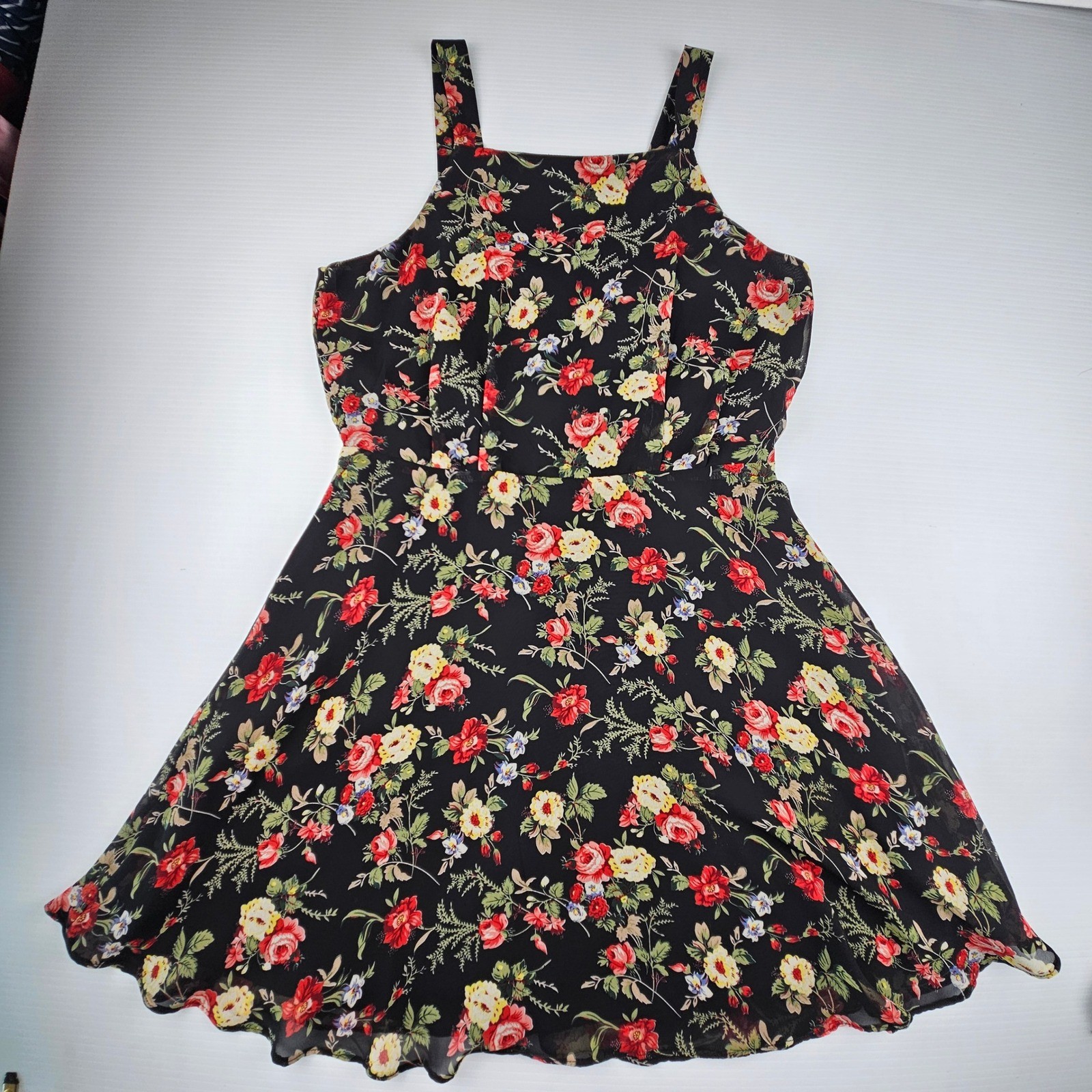 Forever 21 Floral Fit & Flare Mini Dress Black Rose Skater Whimsigoth L