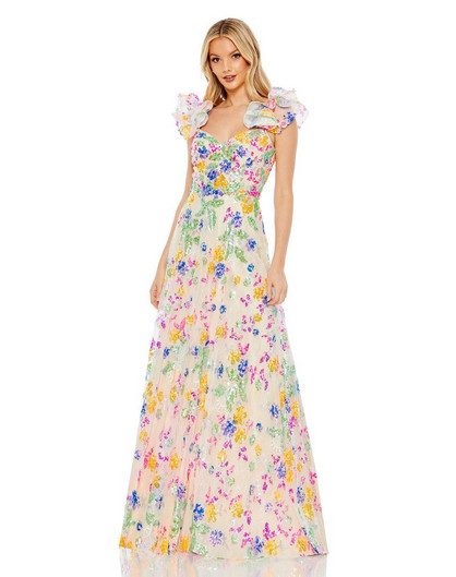 Mac Duggal 68068 Sequin Embellished Ruffle Sleeve Gown Multi Floral Size 0