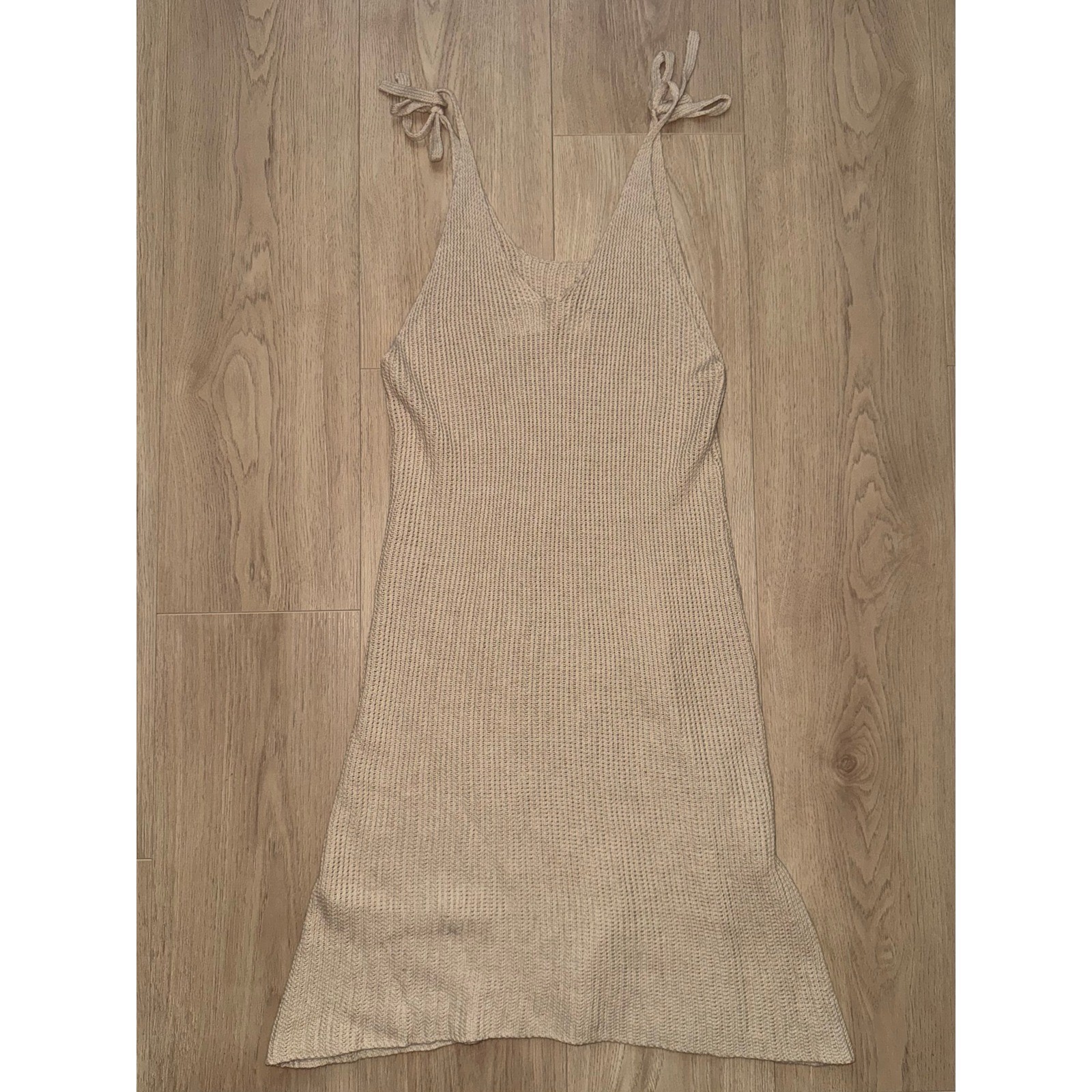 Cabo Gypsy Beige Knit Mini Dress Tie Shoulder Boho Summer Beach Coverup S/M
