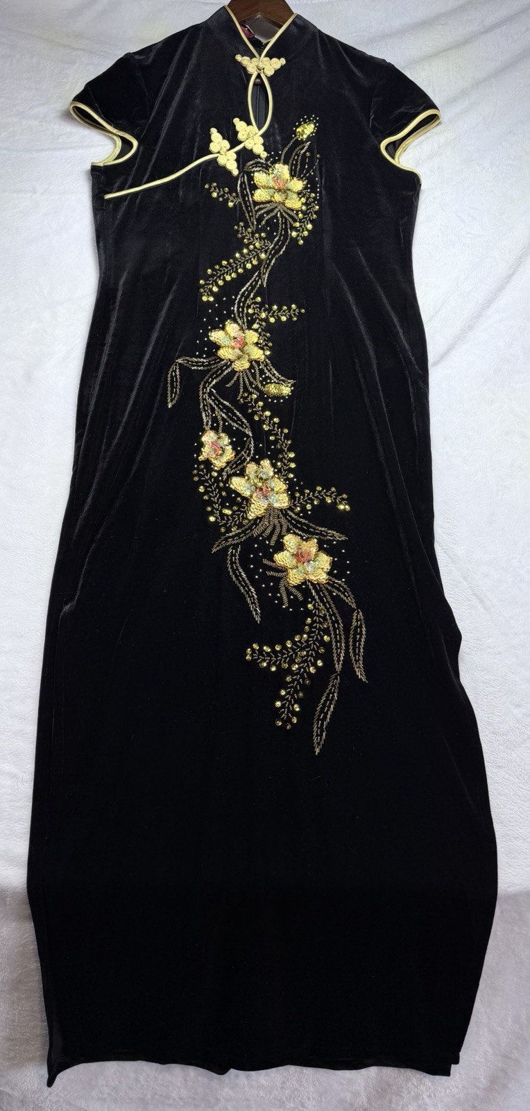 VTG Silver Dragon De Oriental Classic Black Velvet Qipao Maxi Dress Beaded XL