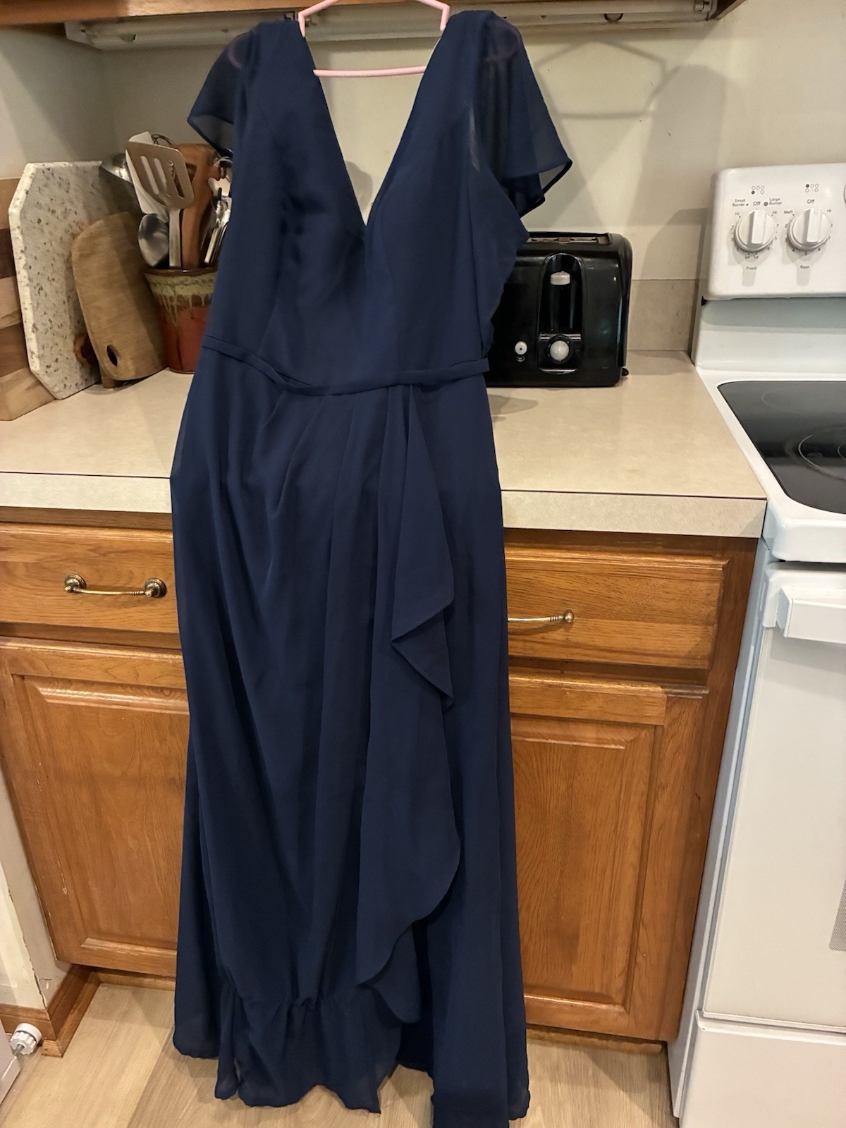 Women’s Navy Chiffon V-Neck Flutter Sleeve Wide-Leg Formal Bridesmaid Dress 8