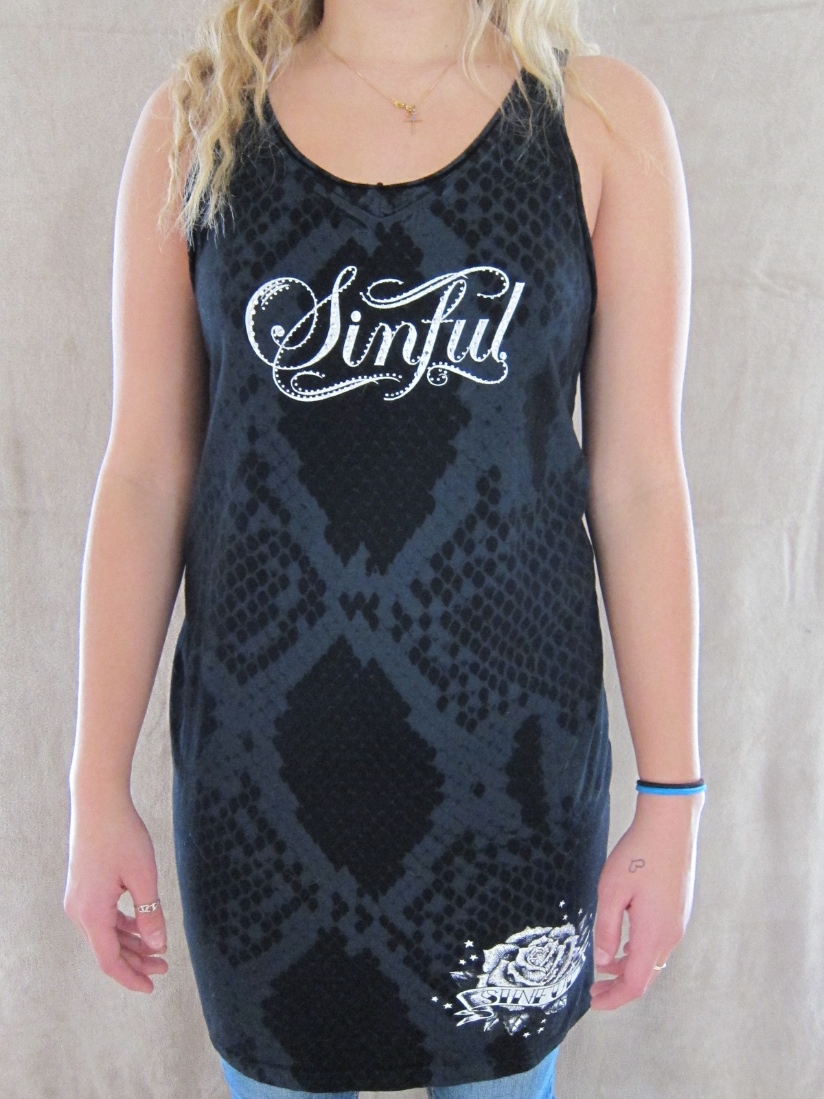SINFUL by Affliction Black & Gray Snake Print Tunic Dress Shirt MEDIUM NWOT