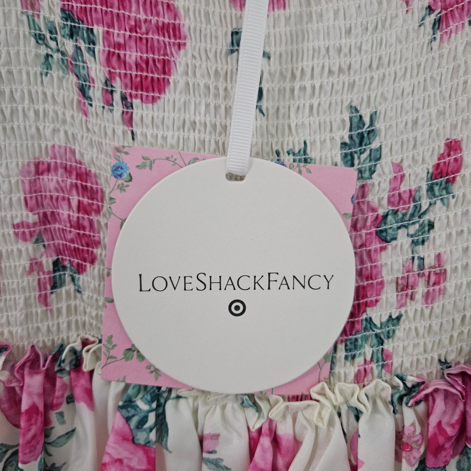 LoveShackFancy Target Floral Smocked Tiered Midi Dress Ivory Pink Size S NWT