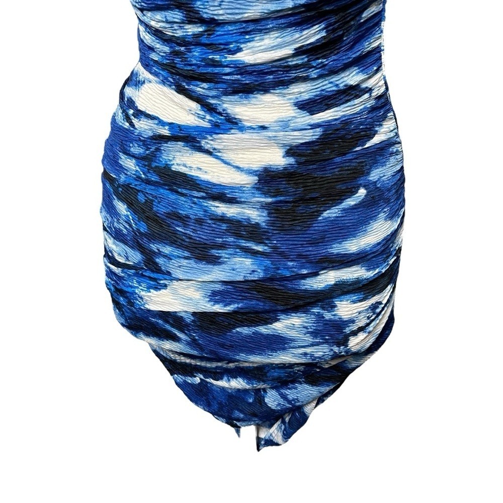 MISCREANTS Blue Tie-Dye One-Shoulder Ruched Mini Dress & Gloves, UK 8