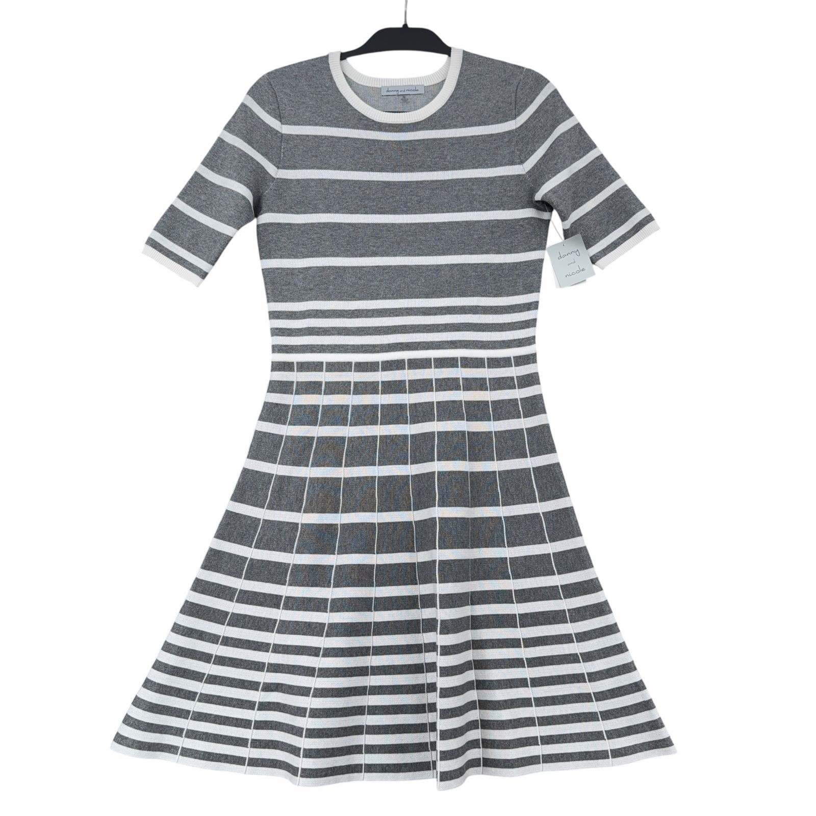 Danny and Nicole Grey White Striped Fit Flare Sweater Dress Womens Medium NWT