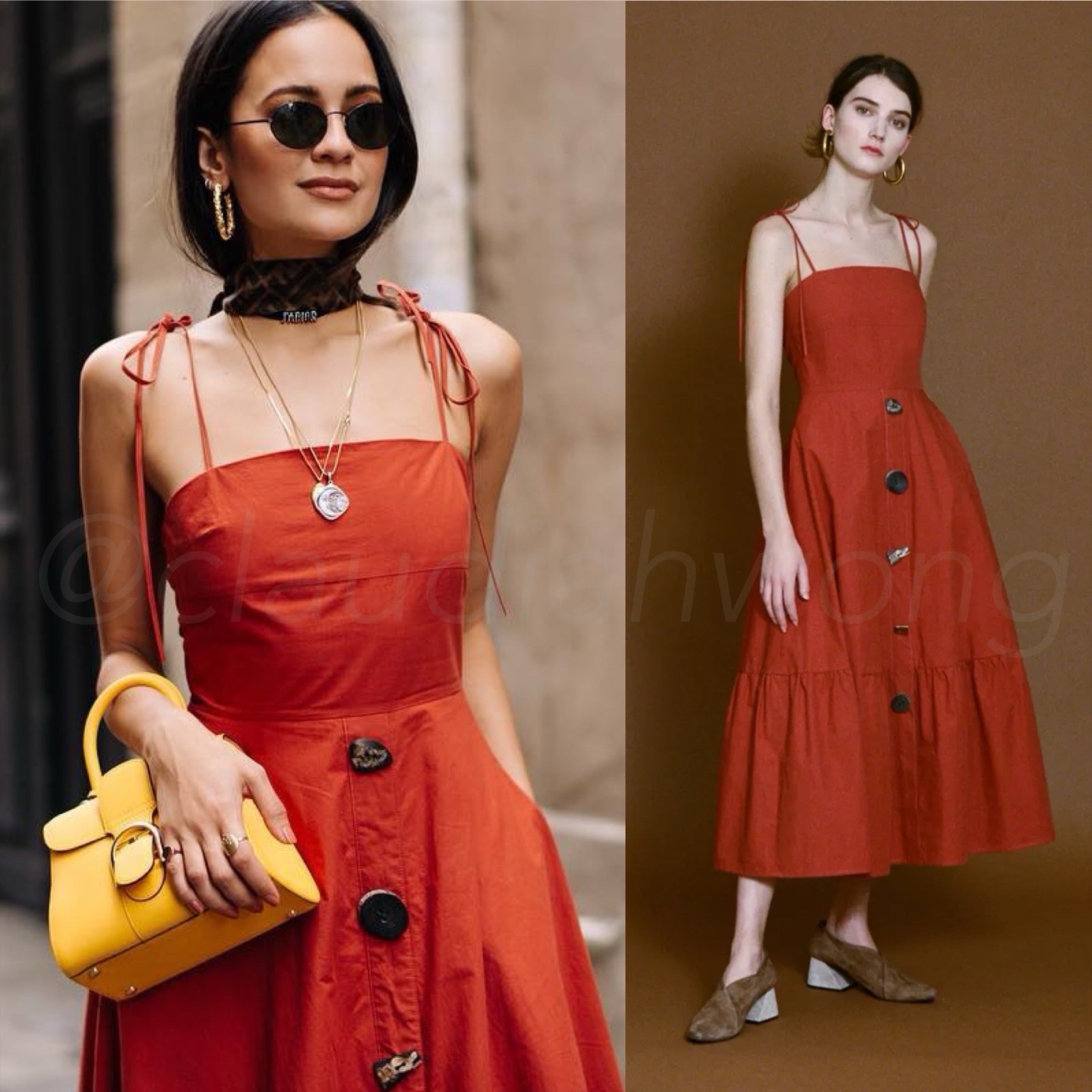 $670 REJINA PYO Maria Rust Red Poplin Tie Strap Button Midi Dress UK10 US6