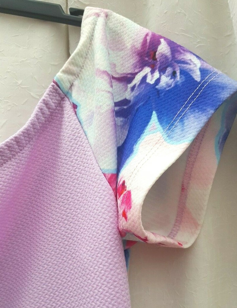 Size 10, light purple, crossover front, shaped hem body con dress Ginger Fizz