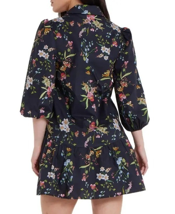 NWT Hermoza Katie Mini Shirt Dress Black Meadow Floral Tiered Cotton Size L