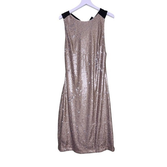Belle Badgley Mischka Sequin Gold Open Back Dress Black Bow Cocktail Sequin 4