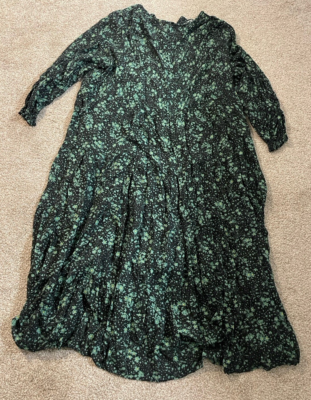 ZARA Black Green Floral Button Top Elastic Cuff Maxi Dress Sz XXL