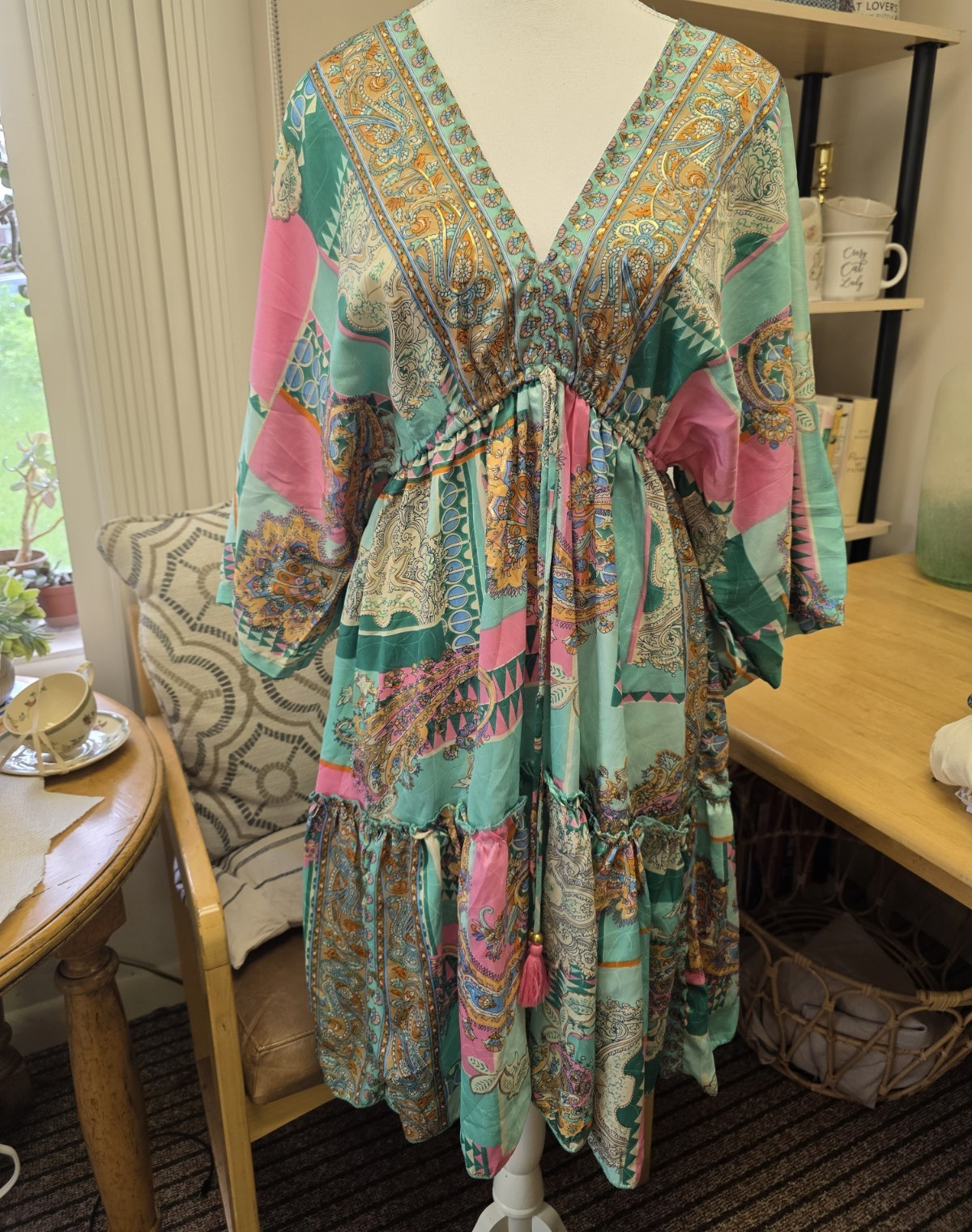 Bigg Bull One Size Kaftan Midi Dress V-Neck Paisley Green Pink 70% Silk M