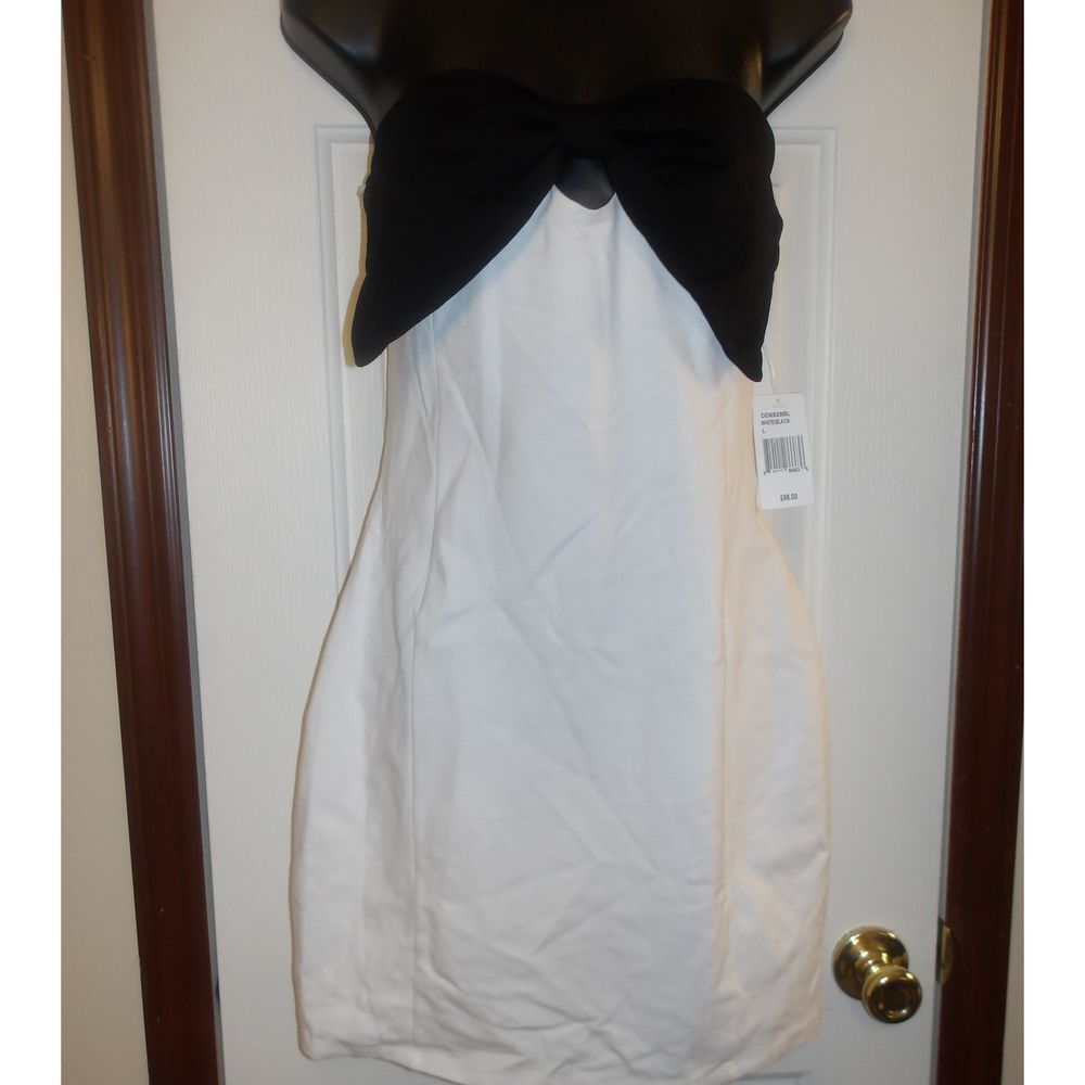 Elegant Strapless Cocktail Dress White Black Bow Party Formal Wear Size L