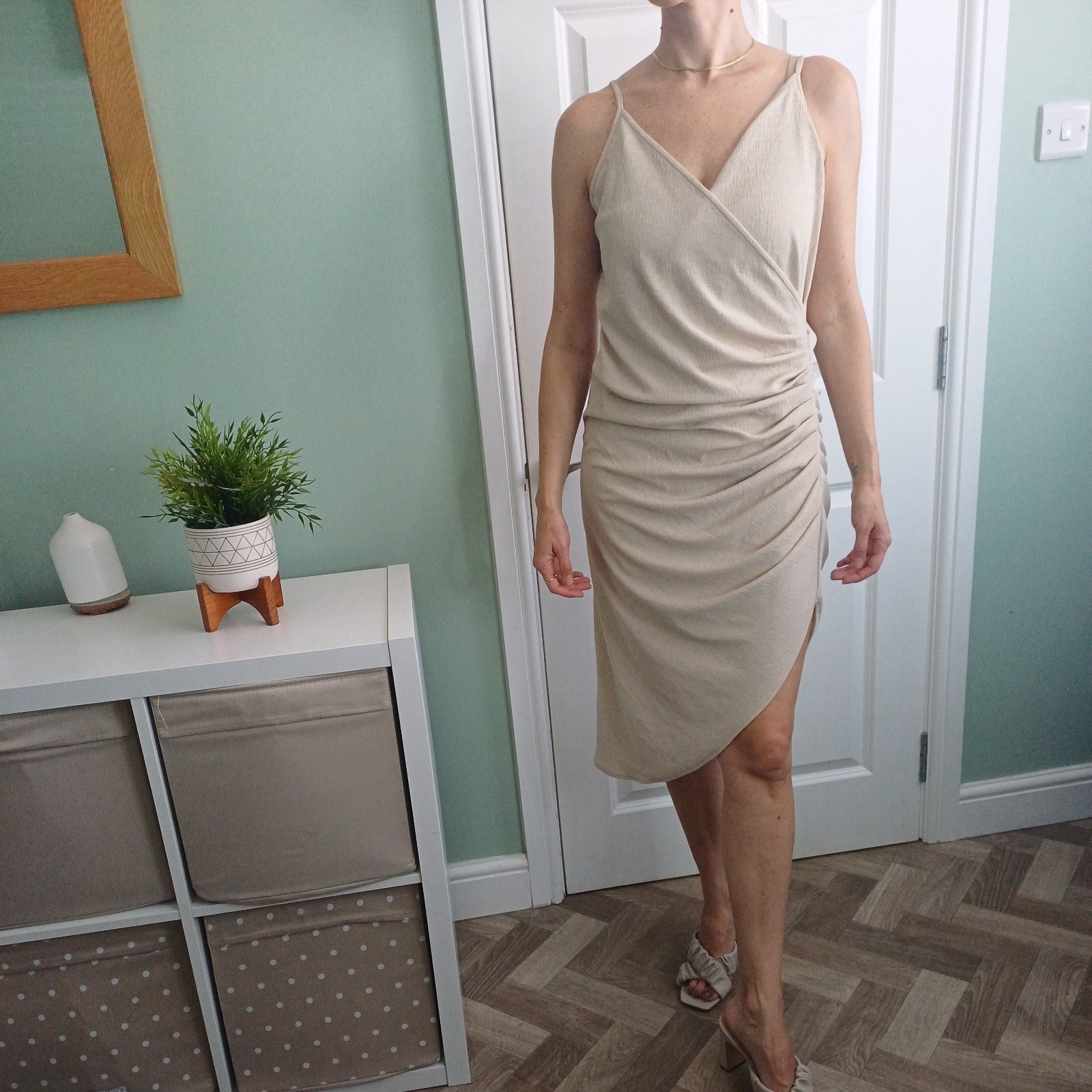 Mango Midi Dress L beige ruched strappy sexy uk 12 14