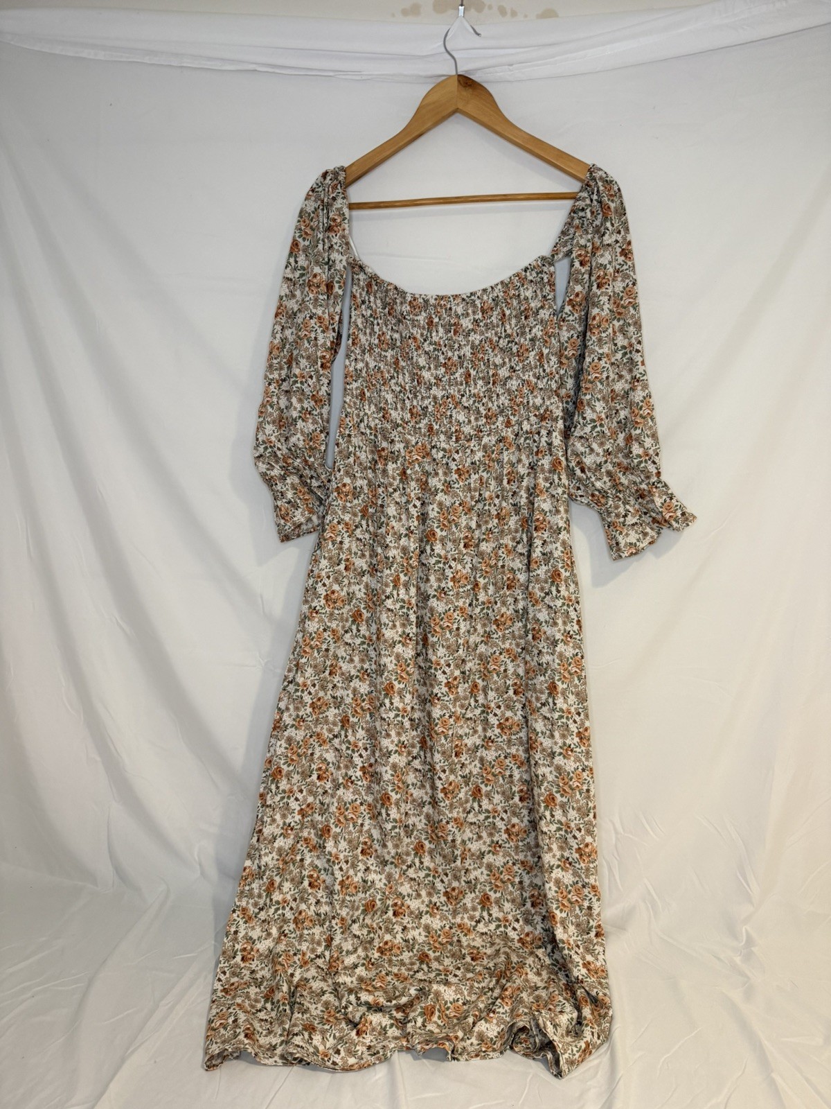 ELLOH Dress Floral Milkmaid Smocked Puff Sleeve Midi Pockets Cottagecore Sz M